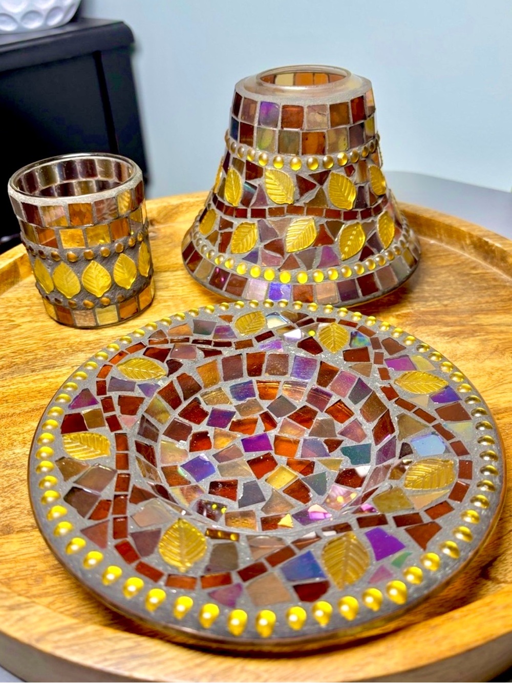 Yankee Candle Mosaic Leaves Glass Leaf Accent Set Topper Jar Plate Amber Purple